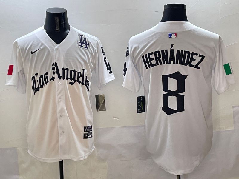 Men Los Angeles Dodgers 8 Hernandez White Five generations Joint Name 2025 Nike MLB Jersey style 10